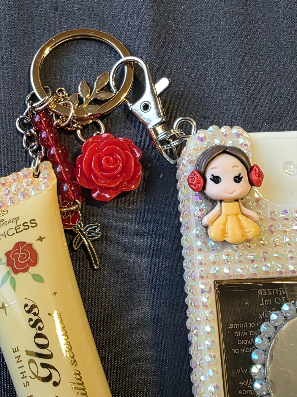 Handmade princess Belle Lip Gloss & Hand Sanitizer Keychain Set